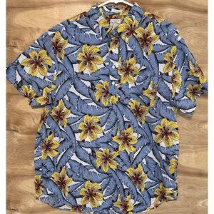 J Crew hawaiian Shirt men's Large Blue Yellow Floral Popover Lightweight Classic